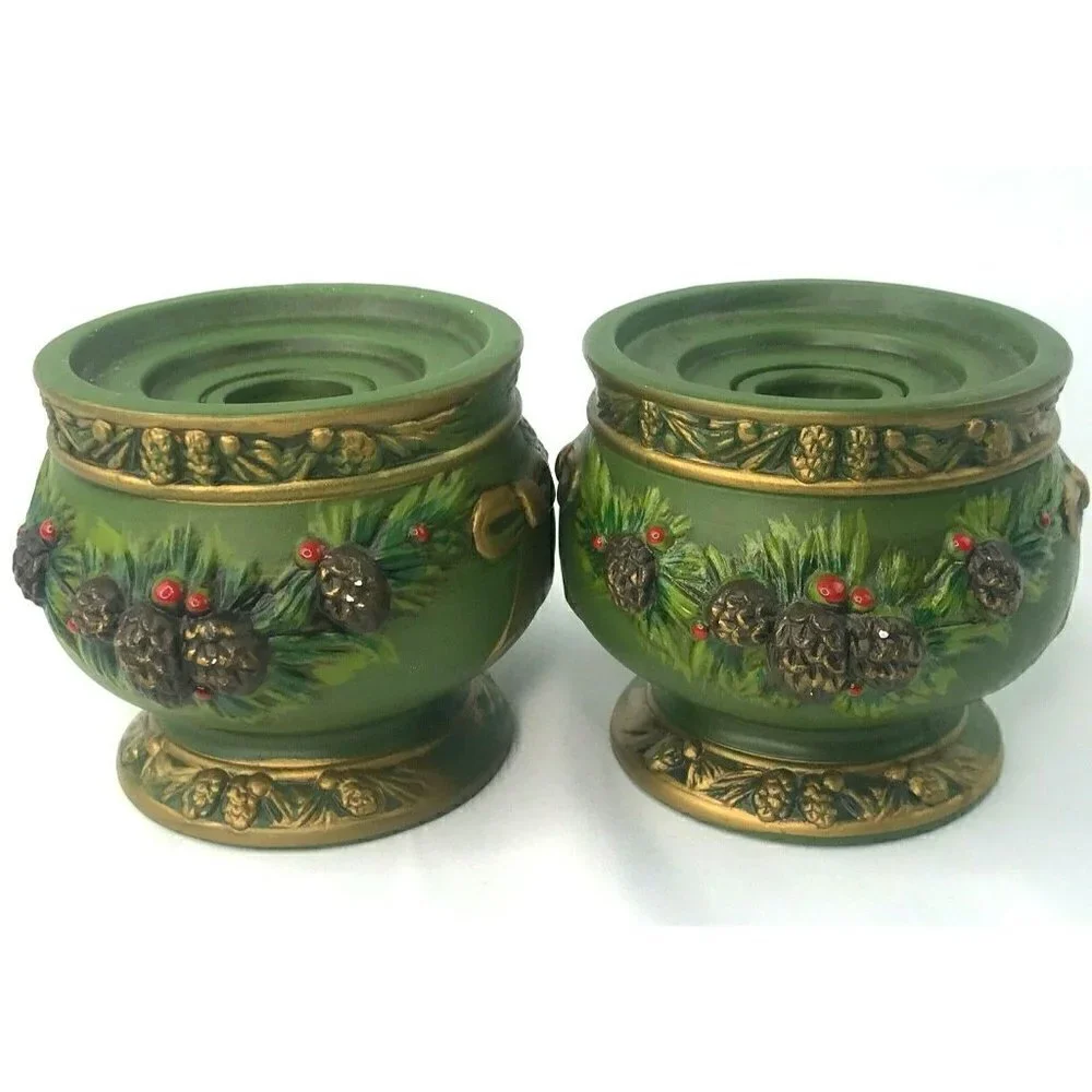 Napcoware Napco Taper Candle Holder Set of 2 Green Vtg MCM Christmas Pinecone